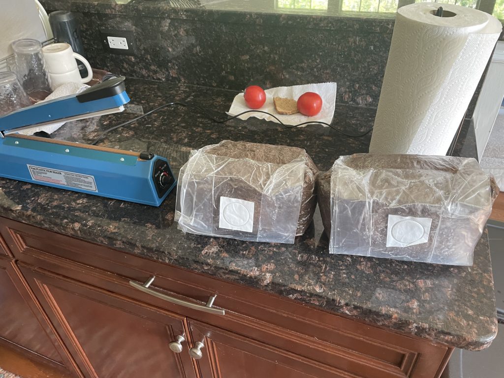 kitchen countertop with two 5 pound, vacuum sealed, substrate bags with a filter patch on the bag.